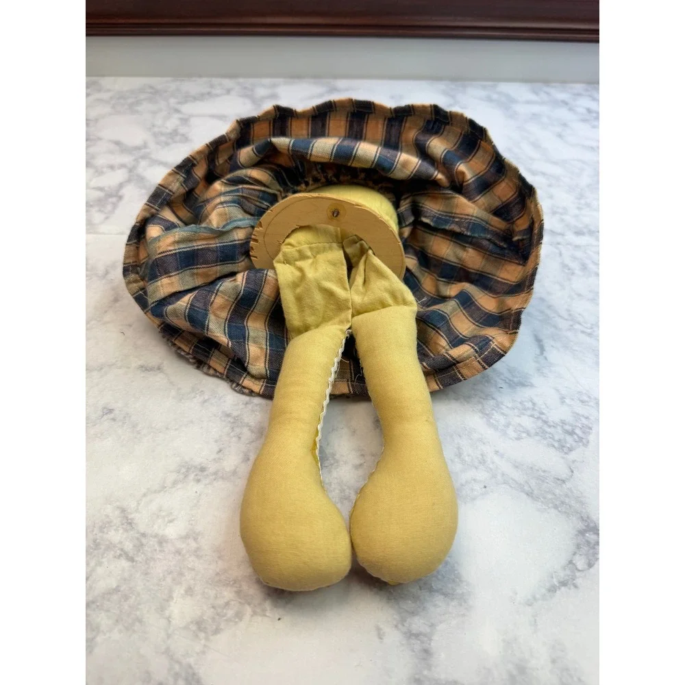 Primitive Cloth Doll Shelf Sitter Plaid Dress Country Farmhouse Folk Art 10in